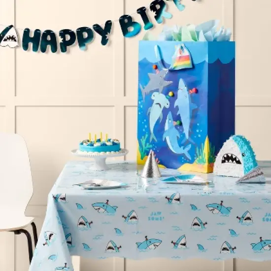 54"x84" Shark Printed Plastic Table Cover Blue - Spritz&trade; image {1}