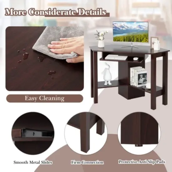 Costway Wooden Corner Desk With Drawer Computer PC Table Study Office Room Brown image {7}