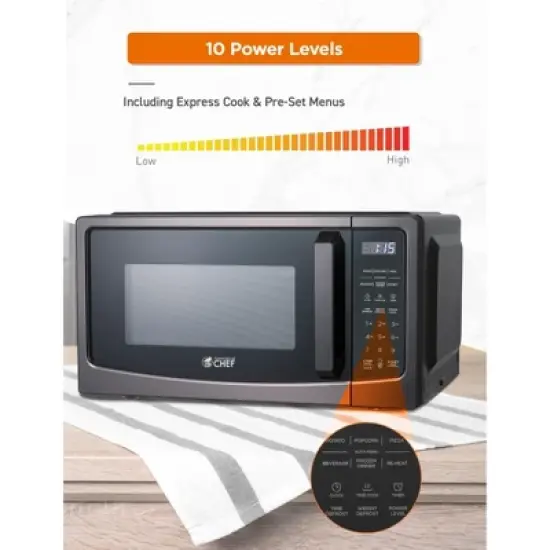 COMMERCIAL CHEF 1.1 Cu Ft  Countertop Microwave, with 10 Power Levels, Pull Handle Door, Turntable and Digital Controls, Black Stainless Steel image {2}