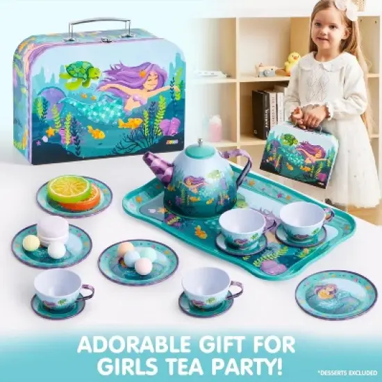 Joyfy Kid Tea Set, Mermaid Tea Party Set for Girls, Princess Pretend Play Tin Teapot Set Kitchen Toy for Girls Toddlers 2 3 4 5 6 Years Old image {3}