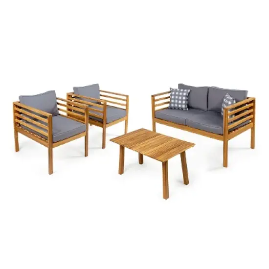 Thom 4-Piece Mid-Century Modern Acacia Wood Outdoor Patio Set with Cushions and Plaid Decorative Pillows - JONATHAN Y image {6}