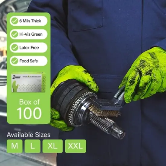 1st Choice Green Disposable Nitrile Gloves with Raised Diamond Grip- Medium Duty, Industrial Grade - Perfect for Mechanics, Household Cleaning & More image {1}