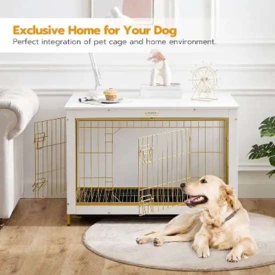 Dog Crate Indoor Furniture, 38.6 inches, Double Door Wooden Cage with Pull-Out Tray, Suitable for Large/Medium/Small Dogs, White image {2}