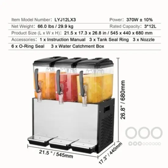 VEVOR Commercial Beverage Dispenser, 3 Tanks 12 L / 12.7 QT Per Tank Juice Dispenser, 370W Stainless Steel Ice Tea Drink Machine image {7}
