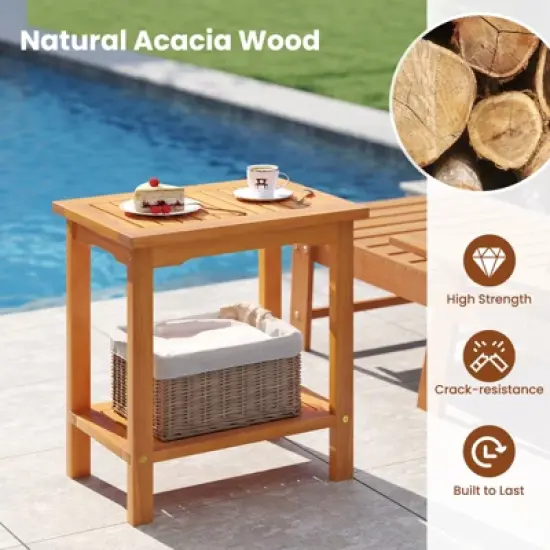 Tangkula Outdoor Acacia Wood Side Table 2-Tier Patio End Table w/ Slatted Tabletop image {4}