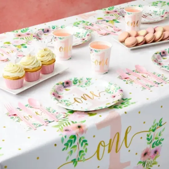 Blue Panda 48-Pack Floral Disposable Paper Plates for Girl Baby's 1st First Birthday Party Supplies image {2}