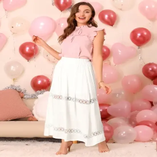 Allegra K Women's Lace Insert Vintage Swing A-Line Maxi Skirt with Elastic Waist image {1}