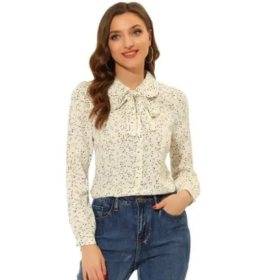 Allegra K Women's Peter Pan Collar Chiffon Bow Tie Neck Puff Sleeve Button Up Shirt image {12}