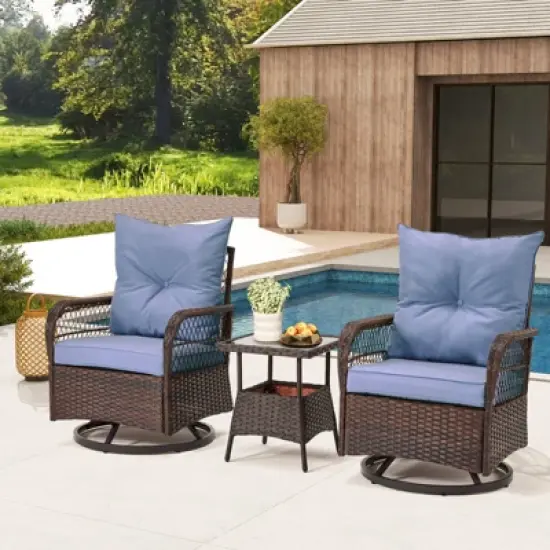 EROMMY 3 Pieces Patio Swivel Rocker Rattan Chairs, Outdoor Swivel Rocking Chairs With 1 Rattan Coffee Table, 360 Degree Swivel Patio Chairs For Lawn image {9}