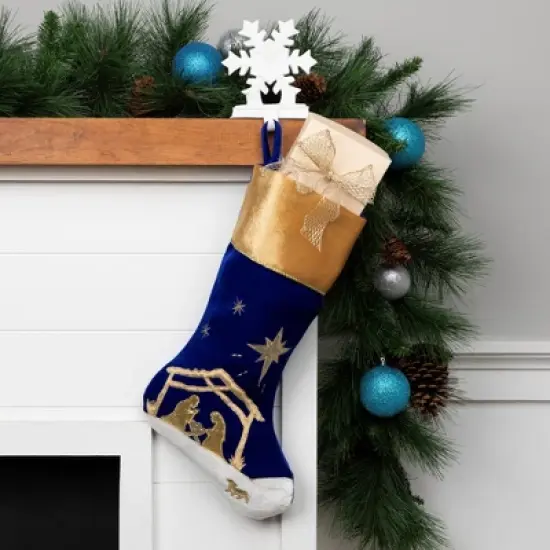 Northlight 20.5" Blue and Gold Nativity Scene Christmas Stocking with Gold Cuff image {1}