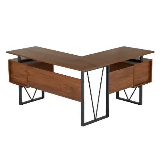 Reversible L Shaped Computer Desk with Drawers and File Cabinet Walnut - Techni Mobili image {3}