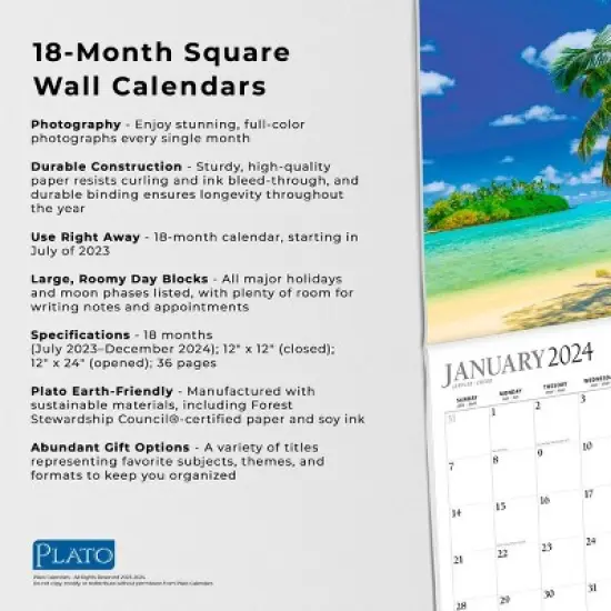Plato 2023-2024 Wall Calendar 12"x12" Tropical Islands image {4}