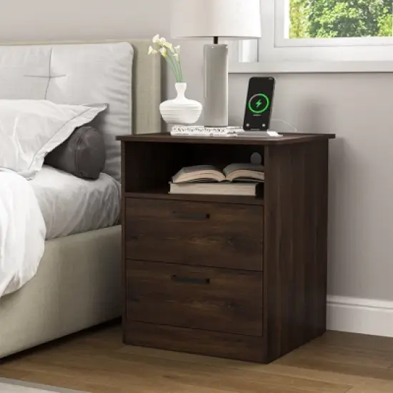 Resenkos Wood Nightstand With Charging Station, Bedside Table With 2 Drawers, Night Stand With Storage For Bedroom, image {11}