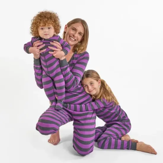 Leveret Matching Family Pajamas &ndash; Purple & Dark Gray Stripes &ndash; 100% Cotton &ndash; Customizable for Personalization image {3}