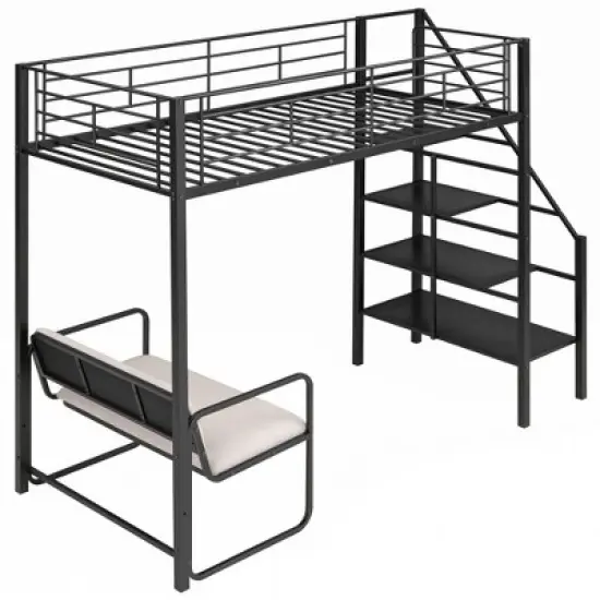 Twin Size Metal Loft Bed with Bench and Storage Staircase, Black-ModernLuxe image {4}