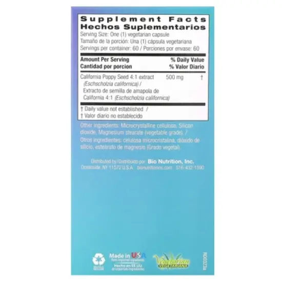 Bio Nutrition California Poppy Seed, 500 mg , 60 Vegetarian Capsules image {1}