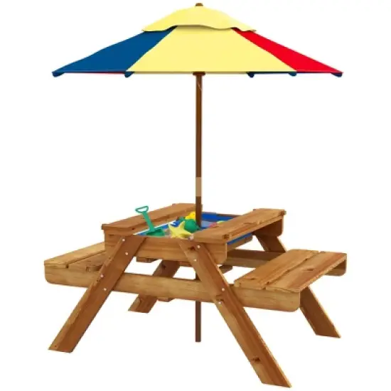Outsunny Kids Picnic Table, 3 in 1 Sand and Water Activity Table w/ Foldable Umbrella, 2 Play Boxes, Removable Top, Aged 3-6 Years Old, Teak image {6}