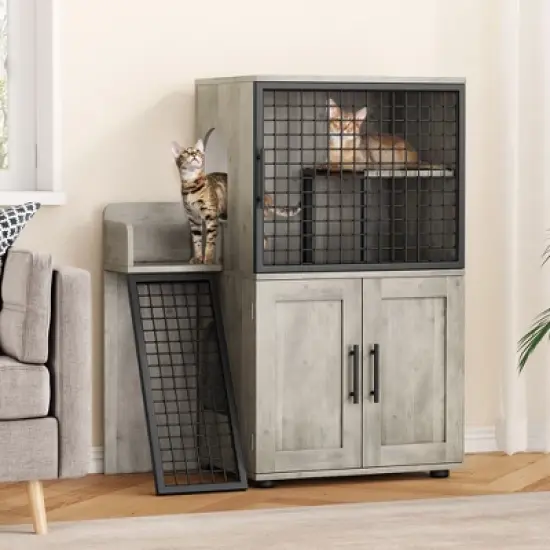 Modern Villa Litter Box Enclosure with Ladder, Double-Layer Cat House Furniture, 33.5" x 17.9" x 41.9" image {8}