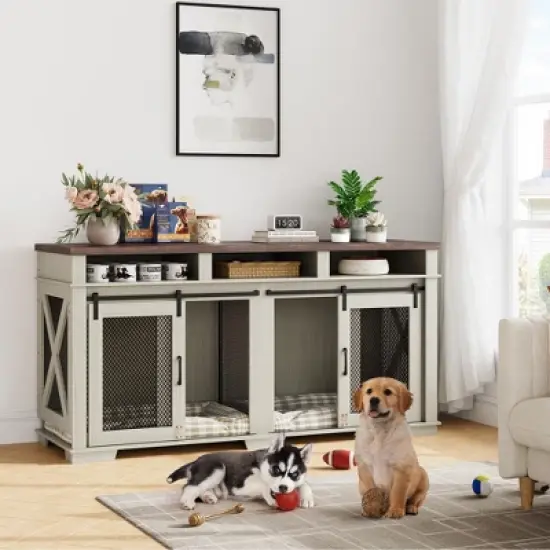 71" Dog Crate Furniture for 2 Dogs, Dog Kennel with 3 Storage Drawers & Removable Divider, Extra Large Double Dog Cage As image {7}