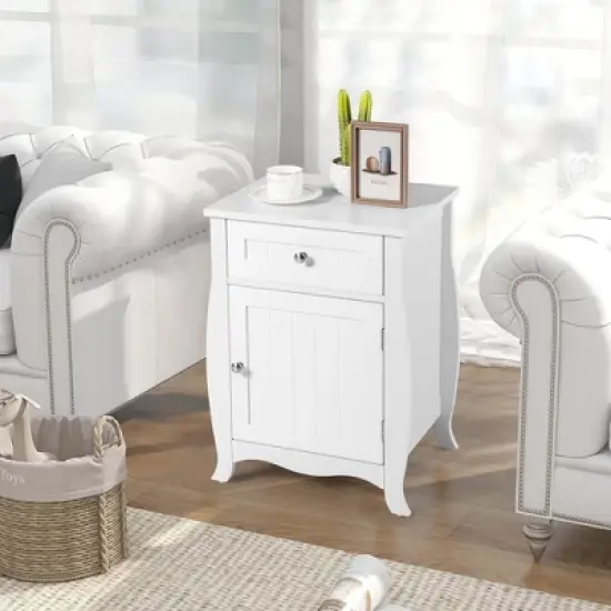 Costway Nightstand with Drawer Cabinet Curved Legs Sofa Side End Accent Table White image {2}