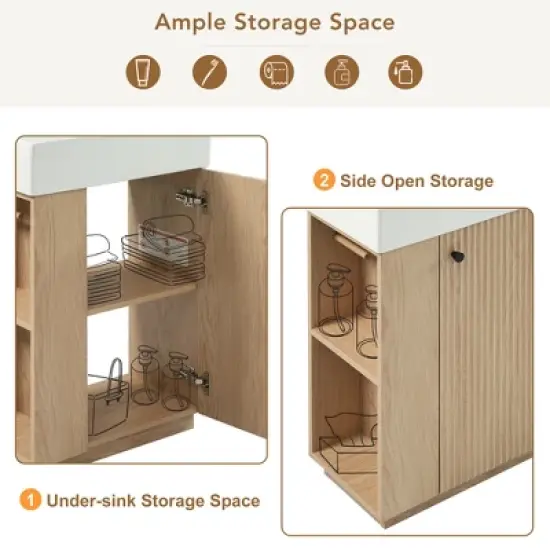 21.6'' Bathroom Vanity with Ceramic Sink, Freestanding Storage Cabinet, Soft-Closing Left/Right Door & Open Shelves, Natural - ModernLuxe image {2}