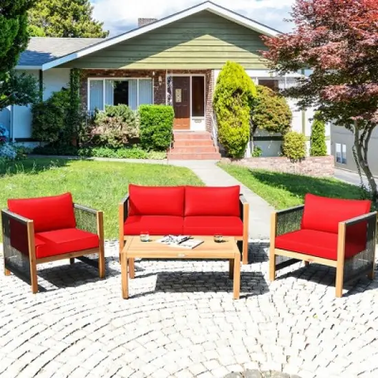 Costway 8PCS Wooden Patio Furniture Set Cushioned Sofa W/Rope Armrest White\Turquoise\Red image {2}