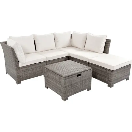 6PCS Patio PE Rattan Conversation Set, Outdoor All-weather Wicker Sectional Sofa Set, Beige-ModernLuxe image {1}