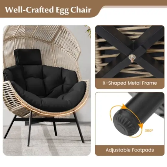 Costway Oversized Egg Style Chair with Cushions & Headrest Heavy-Duty Metal Frame for Yard Off White/Grey/Black image {5}