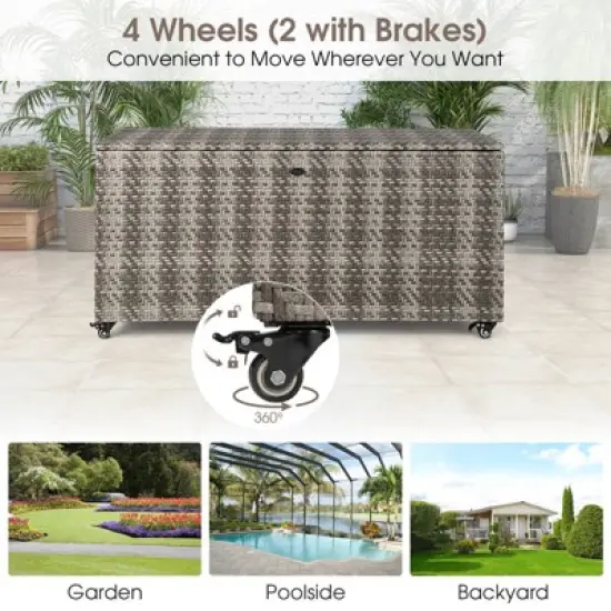 WELLFOR 96gal Outdoor PE Wicker Storage Box with 4 Wheels for Gardening Tools Gray image {6}