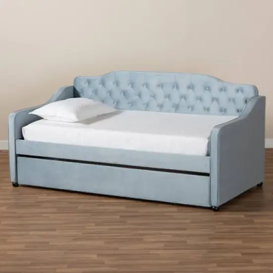 Twin Freda Velvet Tufted Daybed with Trundle Light Blue - Baxton Studio image {9}