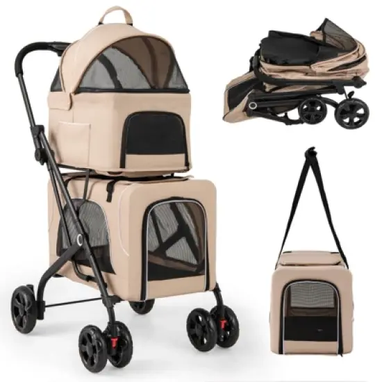 Costway Double Pet Stroller for 2 Dogs or Cats w/ 2 Detachable Carriers Safety Belt Beige image {10}