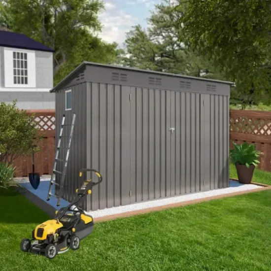 ORRD 4x9FT Outdoor Metal Storage Shed Sloping Roof, 6 Vents & 2 Swing Doors For Backyard/Garden/Garage/Lawn (Gray) image {3}