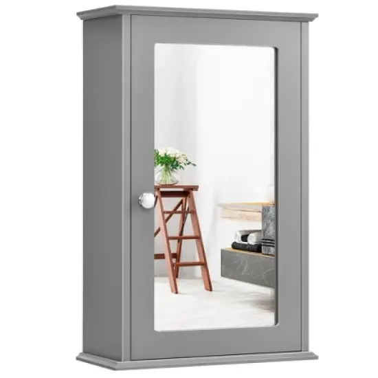 Costway Bathroom Wall Cabinet Single Mirror Door Cupboard Storage Medicine Cabinet Wood Shelf Grey\Brown image {11}
