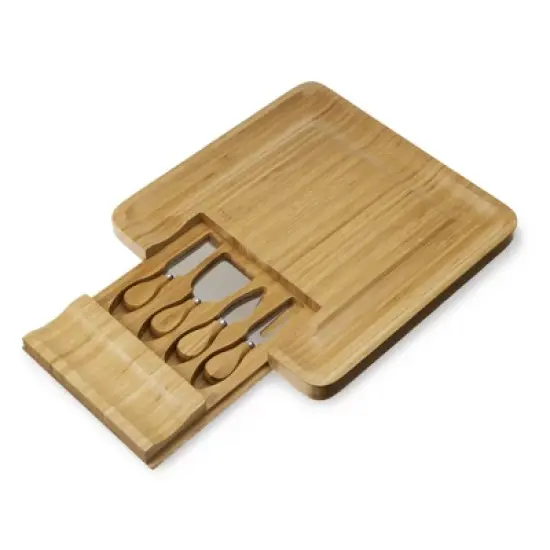 Twine Bamboo Cheese Board and Knife Set, Cheese Knife Set with Storage Drawer, Cheese Charcuterie, 13"x13"x1.4", Set of 4 image {3}