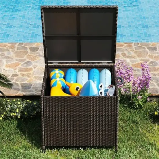 80 Gallon Large Deck Box Waterproof PE Rattan Outdoor Storage Box with Handles and Wheels image {4}