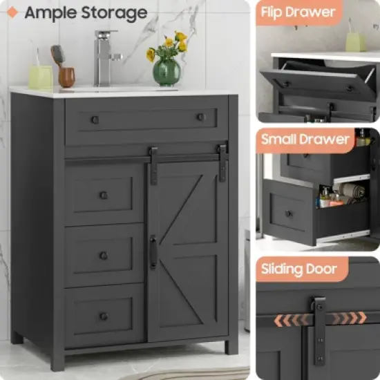 Bathroom Vanity, Vintage Vanity Cabinet with Ceramic Sink, Faucet & Drain image {3}