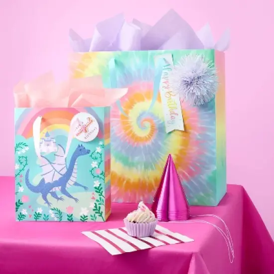 Square Tie Dye Gift Bag - Spritz&trade;: Multicolored Abstract Birthday Bag, Medium Size, 15"x15"x8" image {1}
