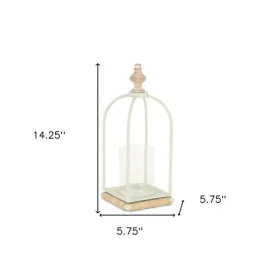 HomeRoots 14" White Metal With Wood And Rope Tabletop Lantern Candle Holder image {2}