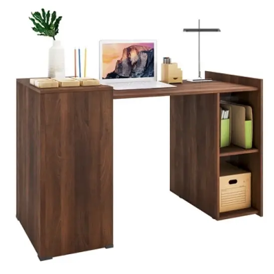 Costway Extendable Computer Desk Reversible Study Writing Desk w/ Mobile Shelves Natural/Brown image {9}