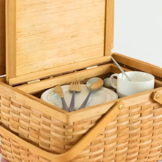 Vintiquewise Woodchip Picnic Storage Basket with Cover and Movable Handles image {4}