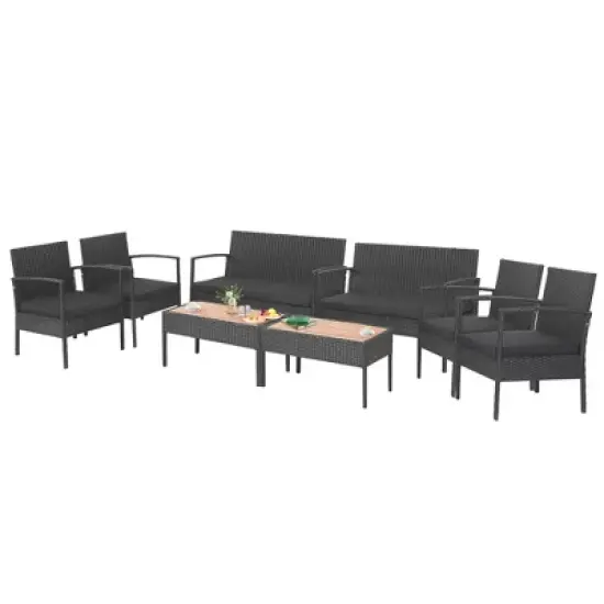 Costway 8PCS Patio Rattan Furniture Set Cushioned Chair Wooden Tabletop Black image {1}