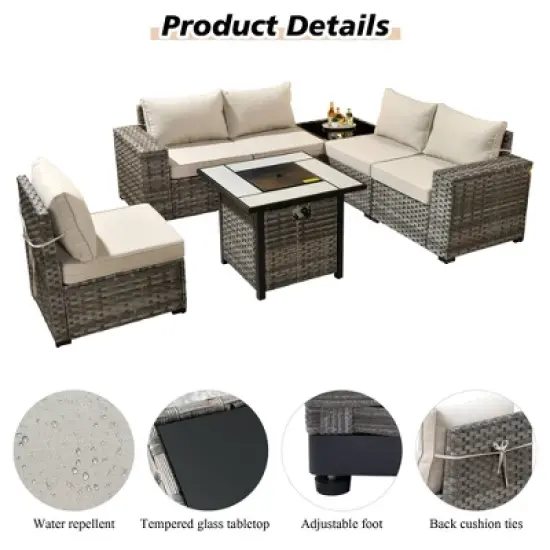 Marlton 7pc Wicker Outdoor Patio Furniture Set Conversation Sofa Set with a Fire Pit and Cushions image {7}