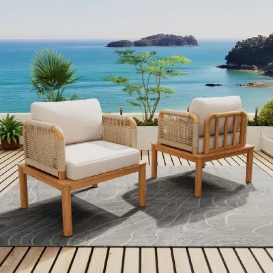 Outdoor Rope and Acacia Club Chair Set of 2 with Cushions, Deep Seats and Weather-Resistant Design for Garden or Small Patio Spaces-Cuddlewood image {7}