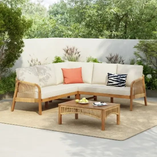 Christopher Knight Home Doretta Outdoor Acacia Wood and Rattan L Shape 5 Seater Seating Set with Cushions image {9}