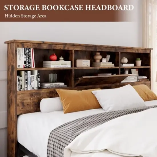 Storage Wooden Bed Frame with Bookcase Headboard and 4 Large Drawers image {4}