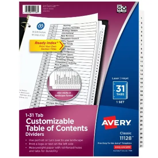 Avery 1-31 Dividers for 3 Ring Binders, 31 Tabs per Set, Customizable Table of Contents, Classic White Tabs (11128) image {8}