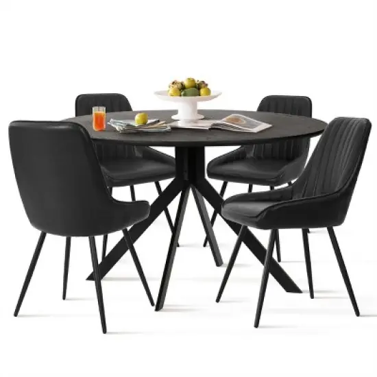 43'' Jones Solid Black Grain Round Dining Table With 4 Upholstered Faux Leather Tiny Armchairs With Metal Legs-The Pop Maison image {1}