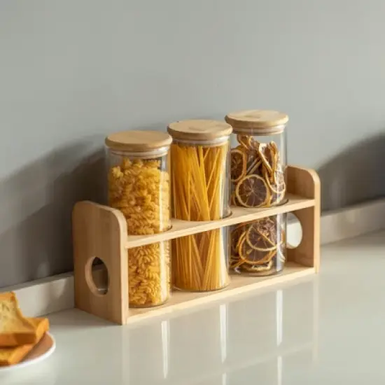 Basicwise 3 Pcs 30oz Glass Jars with Bamboo Shelf for Storing Coffee, Sugar, and Grains, Airtight Canisters for Nuts, Pasta.Ideal for Kitchen & Pantry image {4}