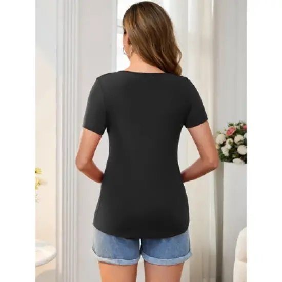 INSPIRE CHIC Women's Maternity Top Short Sleeve Crewneck Wrinkle Design Blouse Waist Tiered Pregnancy T-Shirt image {3}