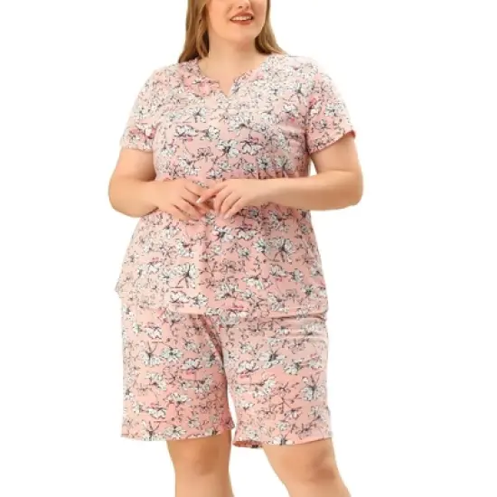 Agnes Orinda Womens Plus Size Loungewear Floral Elastic Waist Short Sleeve Pajamas Set image {1}